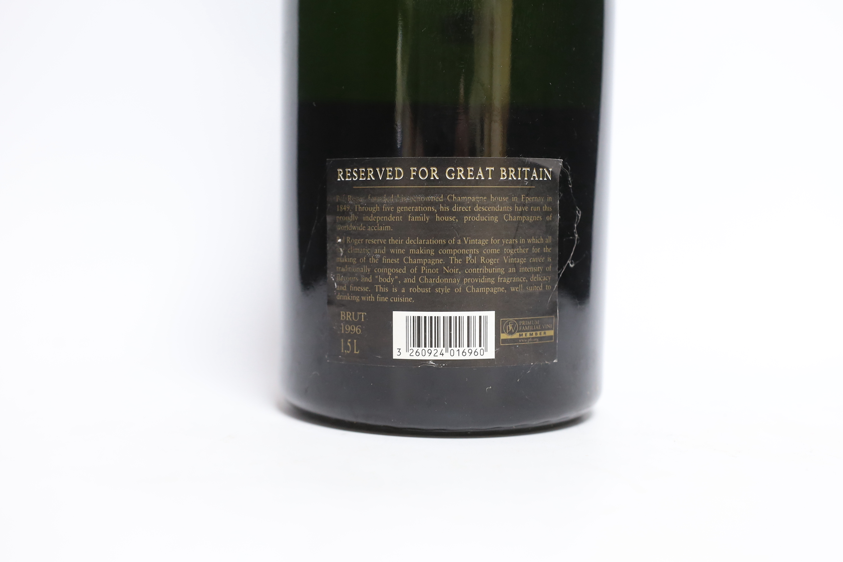 Magnum bottle of Pol Roger Champagne, Extra Cuvée de Reserve, 1996